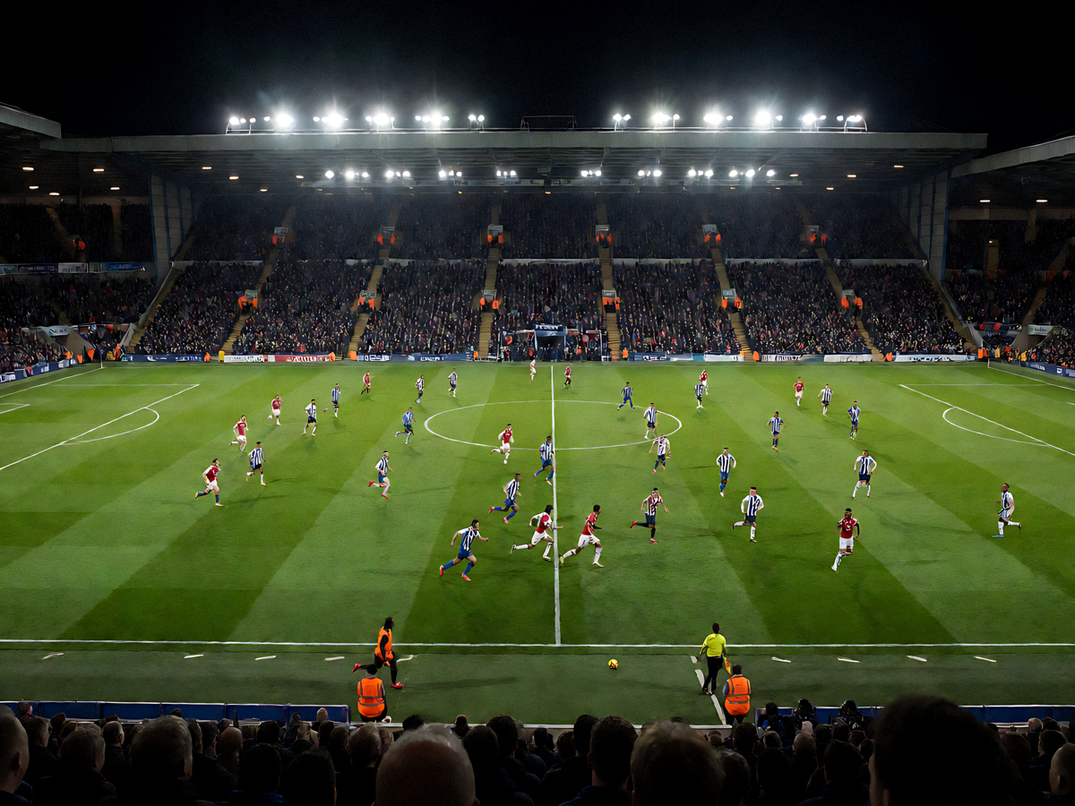 夜晚灯光球场内正在进行的足球比赛全景